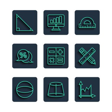 Çizgi Geometrik şekil Küresi, Grafik, zamanlama, grafik, diyagram, açıölçer, hesap makinesi, indirimli yüzde etiketi, üçgen matematiği ve çapraz cetvel ve kalem simgesini ayarla. Vektör