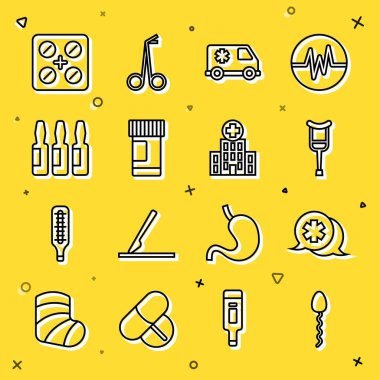 Sperm, Doktorla Diyalog, koltuk değnekleri, acil durum arabası, ilaç şişesi ve haplar, ilaç şişesi, ampul, ilaç paketi ve hastane binası ikonu. Vektör