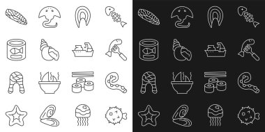 Balık kirpisi, dokunaçlı ahtapot tabakta balık, biftek, karabatak deniz kabuğu, konserve ve balıkçı teknesi ikonu. Vektör