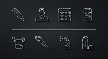 Sıralı saç maşası, havlu askısı, berber internet hizmeti, sprey saç spreyi, elektrikli makas, berber dükkanı tıraş köpüğü ve saç kesimi günü ikonlu takvim. Vektör