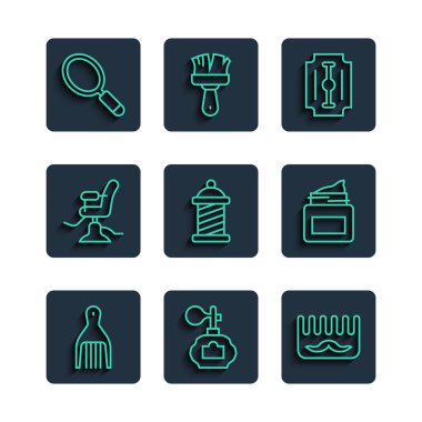 Sıra Barrette, tıraş losyonu, saç fırçası, jilet, berber dükkanı direği, berber koltuğu, el aynası ve krem kozmetik kavanozu ikonu. Vektör