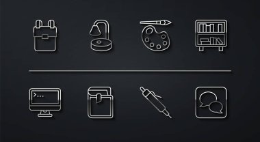 Satır okul sırt çantası, bilgisayar monitörü, kitaplı raf, kalem, kitap, masa lambası, konuşma balonu sohbeti ve boya fırçası palet simgesi. Vektör