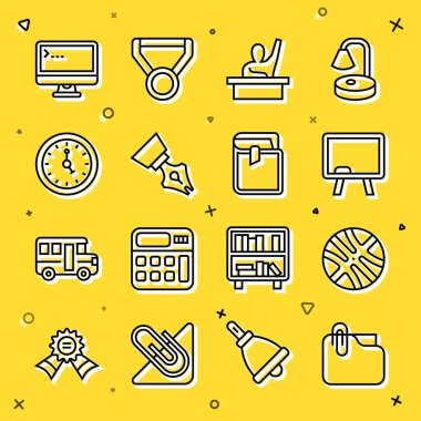 Klipsi, basketbol topu, çemberin tahtası, elini kaldıran erkek çocuk, dolmakalem ucu, saat, bilgisayar monitörü ve kitap simgesi olan satır dizisi. Vektör