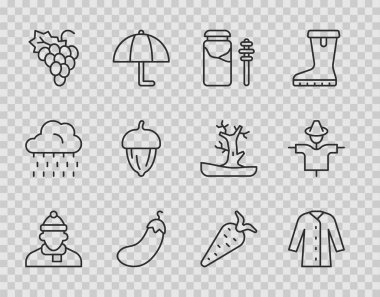 Sonbahar kıyafetleri, yağmurluk, bal ve dipper çubuğu kavanozu, patlıcan, üzüm suyu, meşe palamudu, havuç ve korkuluk ikonu. Vektör