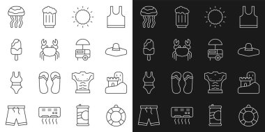 Sabit hat Lifebuoy, Kumdan kale, zarif kadın şapkası, güneş, yengeç, dondurma, denizanası ve Fast Street yemek arabası ikonu. Vektör