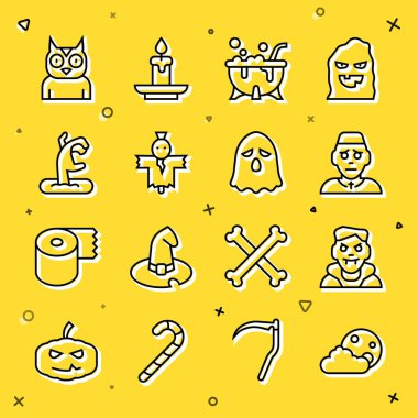 Ay ve yıldızlar, Vampir, Rahip, Cadılar Bayramı cadı kazanı, Korkuluk, Zombi eli, Baykuş ve Hayalet ikonu. Vektör