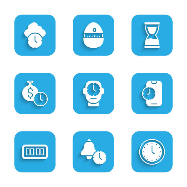 Установить часы, будильник, мобильное приложение, цифровая сигнализация, время деньги, старые песочные часы и иконка. Вектор
