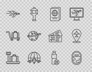 Sırayı bavul, uçak penceresi, pasaport, dünya uçuşu, uçak, su şişesi ve ikon olmadan ayarla. Vektör