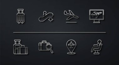 Bavul, uçak, kayıp bavul, yürüyen merdiven, havaalanı terminalinde bekleyen insan ve iniş ikonu. Vektör