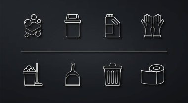 Sabun, süpürge ve kova, lastik eldiven, çöp tenekesi, faraş, tuvalet kağıdı rulosu ve temizlik malzemesi ikonu için şişe. Vektör