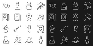 İksirli bir şişe, Kadim sihirli kitabı, ateşi tutan el, cadı kazanı, tarot kartları, ateş topu ve sihirli taş ikonu. Vektör