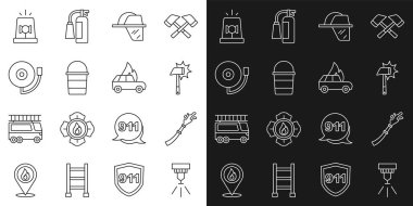 Hat yangın söndürme sistemi, hortum makarası, itfaiyeci baltası, kask, kova alarm zili, Flasher siren sesi ve yanan araba ikonu. Vektör