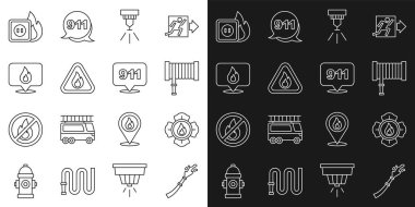 İtfaiye hortumu makarası, itfaiyeci, yangın söndürme sistemi, alev üçgeni, şöminenin olduğu yer, prizin elektrik kabloları ve 911 ikonunu arayın. Vektör