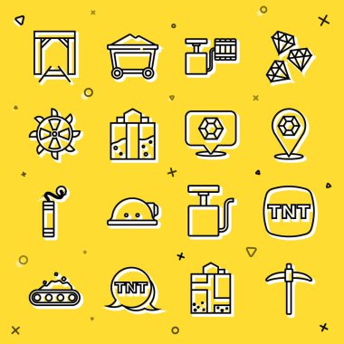 Hat kazma, dinamit, mücevher taşı, patlayıcı, mayın girişi, kazıcı ve ikon yerleştirin. Vektör