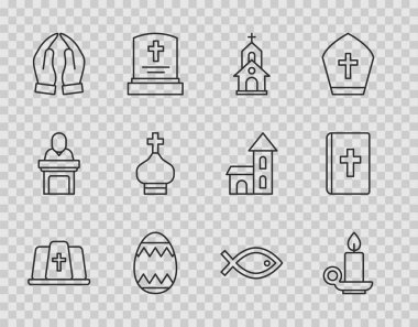 Papa şapkası, şamdanda yanan mum, kilise binası, paskalya yumurtası, dua pozisyonu, Hristiyan kilise kulesi, balık sembolü ve kutsal İncil ikonu. Vektör