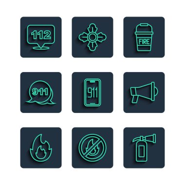 Yangını başlat, yangın yok, yangın söndürücü yok, kova, mobil acil durum 911 'i ara, acil durum ve megafon ikonu. Vektör