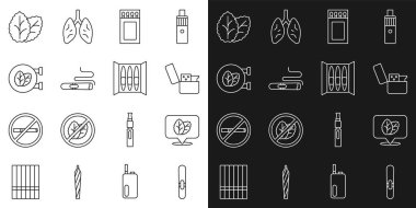 Cigar, tütün yaprağı, çakmak, kibrit kutusu ve kibrit kutusu, dükkan ve ikon. Vektör