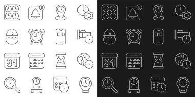 Hat saatini, dünya saatini, uyku saatini, bölge saatini, alarmı, mutfak zamanlayıcısını ve mobil uygulama simgesini ayarla. Vektör