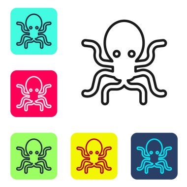 Siyah çizgi Ahtapot simgesi beyaz arkaplanda izole edildi. Renkli kare düğmelerle simgeleri ayarla. Vektör.