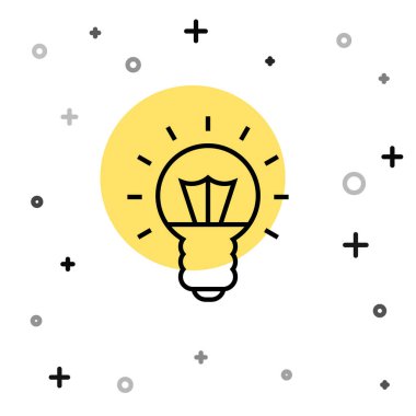 Fikir ikonu kavramına sahip siyah çizgi ampulü beyaz arkaplanda izole edildi. Enerji ve fikir sembolü. İlham konsepti. Rastgele dinamik şekiller. Vektör.