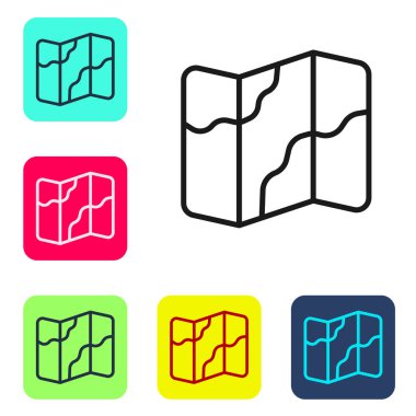 Siyah çizgi kamp ve yürüyüş beyaz arka planda izole edilmiş bir harita simgesi. Renkli kare düğmelerle simgeleri ayarla. Vektör