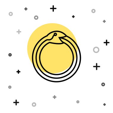 Ouroboros simgesinin siyah çizgi sihirli sembolü beyaz arkaplanda izole edildi. Yılan kendi kuyruğunu ısırıyor. Hayvan ve sonsuzluk, mitoloji ve yılan. Rastgele dinamik şekiller. Vektör