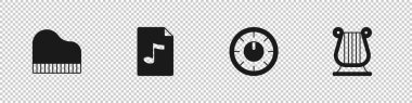 Grand piano, MP3 dosya dökümanı, ses karıştırıcı denetleyici ve Antik Yunan lir simgesi ayarla. Vektör