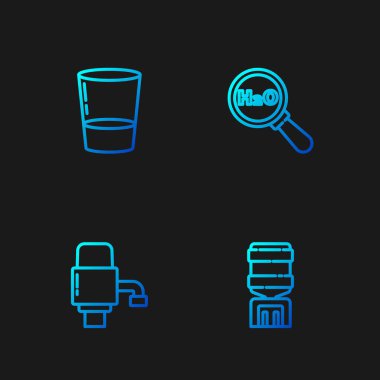 Su soğutucusu, su için mekanik pompa, cam ve kimyasal formül H2O 'yu ayarla. Renk simgeleri. Vektör