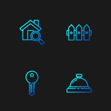 Hat otelin servis zilini, evin anahtarını, arama evini ve bahçe çitlerinin ahşabını ayarla. Renk simgeleri. Vektör