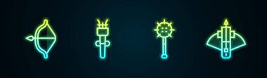 Sırayı Ortaçağ yayı ve oku, Meşale alevi, zincirli topuz ve savaş tatar yayıyla ayarla. Parlayan neon ikonu. Vektör