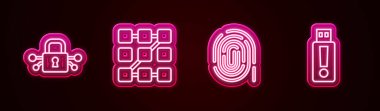 Siber güvenliği, grafiksel şifre korumasını, parmak izini ve USB flash diskini ayarla. Parlayan neon ikonu. Vektör