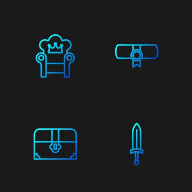 Ortaçağ kılıcı, antik hazine sandığı, taht ve ferman, parşömen, parşömen. Renk simgeleri. Vektör