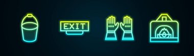 Ateş kovası, çıkış, itfaiyeci eldivenleri ve şöminenin içi. Parlayan neon ikonu. Vektör