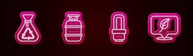 Çöp torbasını geri dönüşüm, propan gazı deposu, LED ampul ve konum yaprağıyla doldurun. Parlayan neon ikonu. Vektör
