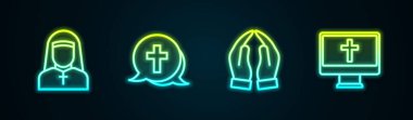 Hat kurun Rahibe, Hıristiyan haçı, eller dua pozisyonu ve monitör. Parlayan neon ikonu. Vektör