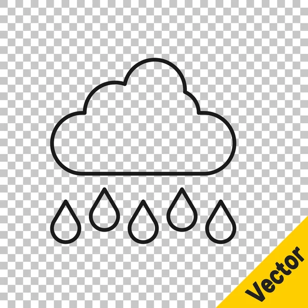 Linea Nera Nuvola Con Icona Pioggia Isolata Sfondo Trasparente Pioggia — Vettoriale Stock