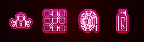 设置线网络安全 图形密码保护 指纹识别和Usb闪存驱动器 发光的霓虹灯图标 — 图库矢量图片