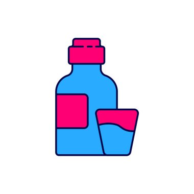 İlaç şurubu şişesi ve beyaz arka planda izole edilmiş katı bardak ikonu dozu. Vektör