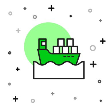 Ana hatlı kargo gemisi beyaz arkaplanda izole edilmiş kutu teslim servis simgesi ile dolduruldu. Teslimat, ulaşım. Paketleri, kutuları, malları olan bir şilep. Vektör