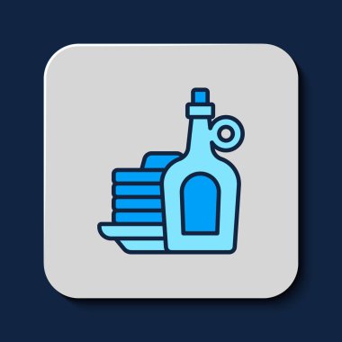 Mavi arka planda izole edilmiş krep ikonu yığınıyla akçaağaç pekmezi şişesi doldurulmuş. Vektör