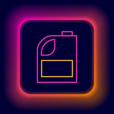 Siyah arka planda izole edilmiş motor makine yağı ikonu için parlayan neon hattı kutusu. Benzin bidonu. Yağ değiştirme ve onarım servisi. Motor yağı işareti. Renkli taslak konsepti. Vektör