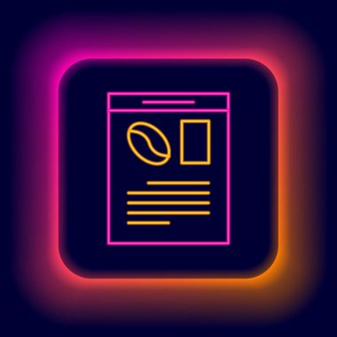 Parlak neon çizgili gazete ve siyah arka planda izole edilmiş kahve ikonu. Kitle iletişim sembolü. Renkli taslak konsepti. Vektör