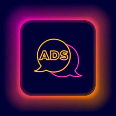 Parlayan neon hattı reklam simgesi siyah arkaplanda izole edildi. Pazarlama ve tanıtım süreci kavramı. İlgili reklamlar. Sosyal medya reklamcılığı. Renkli taslak konsepti. Vektör