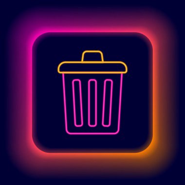 Parlayan neon hattı Çöp kutusu simgesi siyah arkaplanda izole edildi. Çöp kutusu tabelası. Sepet simgesini geri dönüştür. Ofis çöpü ikonu. Renkli taslak konsepti. Vektör