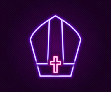 Parlayan neon hattı Papa 'nın şapka simgesi siyah arkaplanda izole edildi. Hristiyan şapkası işareti. Renkli taslak konsepti. Vektör