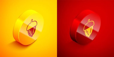 Isometric Acorn icon isolated on orange and red background. Circle button. Vector.