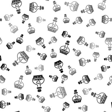 İksir ikonlu siyah şişe beyaz arka planda izole edilmiş kusursuz desen. Sihirli iksirli matara. Mutlu Cadılar Bayramı Partisi. Vektör.