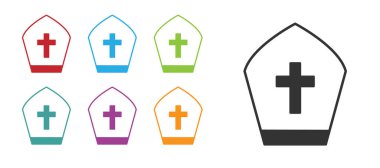 Siyah Pope şapka simgesi beyaz arkaplanda izole edildi. Hristiyan şapkası işareti. Simgeleri renklendirin. Vektör