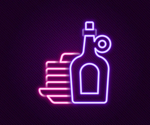 Leuchtende Neon Linie Flasche Ahornsirup Mit Stapel Von Pfannkuchen Symbol — Stockvektor