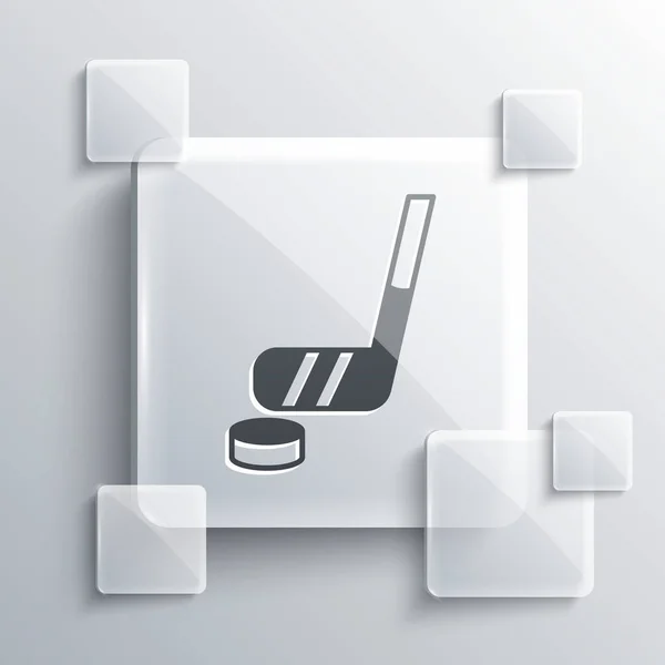 Graue Eishockeyschläger Und Pucksymbol Isoliert Auf Grauem Hintergrund Quadratische Glasscheiben — Stockvektor